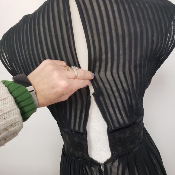 VINTAGE Mid Century Sheer Black Pleated Dress 24" Waist S Semi Open Back R&K VG - Picture 9 of 15